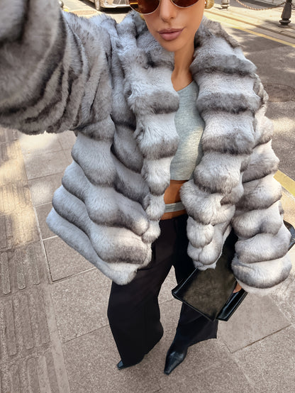 Women'S Faux Fur Coat with Imitation Dragon Cat Pattern - Stylish Gray & White Plush Winter Jacket, Casual Long Sleeve Outerwear for Cold Weather, Cozy Fleece Lined for Comfort