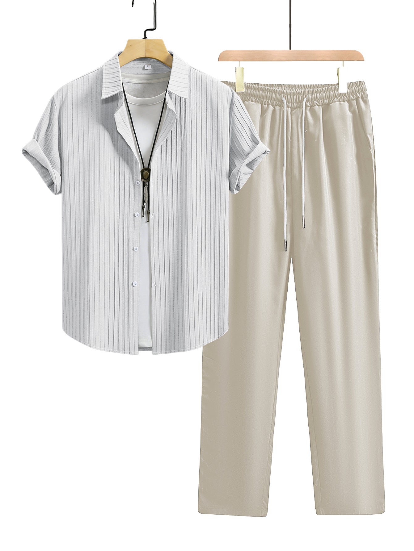Men's Summer Casual Shirt and Trousers Set, Lightweight Woven Fabric