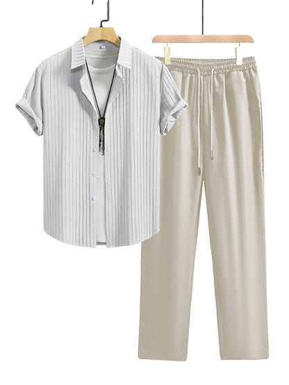 Men's Summer Casual Shirt and Trousers Set, Lightweight Woven Fabric