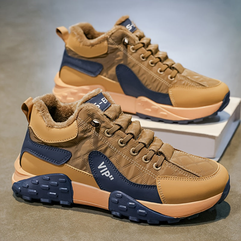 Men'S Stylish Color-Block Plush-Lined Winter Sneakers - Warm, High-Stability Running Shoes with Lace-Up Closure, Geometric & Solid Color Design, Synthetic & Fabric Upper, PVC Sole for Casual & Outdoor Activities, Winter Sneak