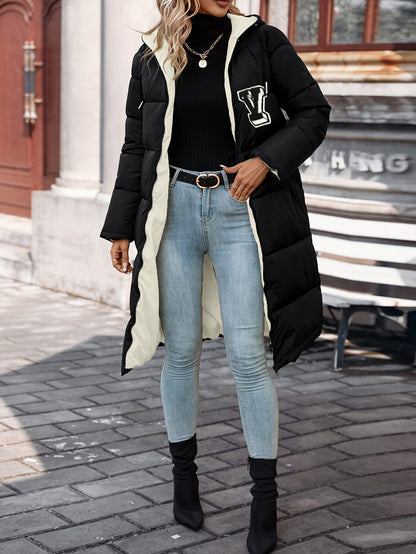 Women's Elegant Long Hooded Coat - Solid Black & White Zip-Up Winter Jacket with Logo, Machine Washable Polyester, Perfect for Fall and Winter Layering, Winter Coat