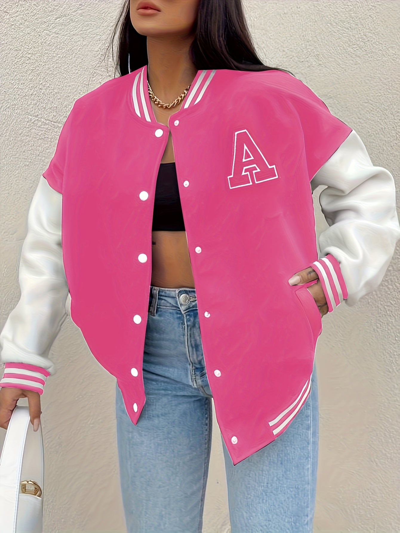 Women'S Casual Long Sleeve Baseball Jacket with "A" Letter Detail - Black & Beige Two-Tone Design, Button-Up Front, Flap Pockets, Fall/Winter Fashion Outerwear, Autumn Winter Apparel | Buttonup Jacket | Functional Pockets