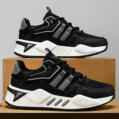 Men's Low-Top Skate Sneakers - White/Black Accent Lace-Up Shoes, Cushioned EVA Insole  Non-Slip Rubber Outsole for All-Season Urban Streetwear, Gym, Everyday - Breathable PU Upper Casual Shoes, Gym Footwear, Street Style, Du