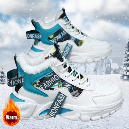 Women's Geometric Waterproof Snow Sneakers, Shock-Resistant Microfiber Upper, Flannel Lined, EVA Sole, Autumn & Winter High-Top Plush Fashion Shoes from Quanzhou