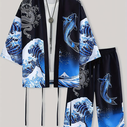 Men's Kimono Set with Carp Leaping Over the Dragon Gate Pattern