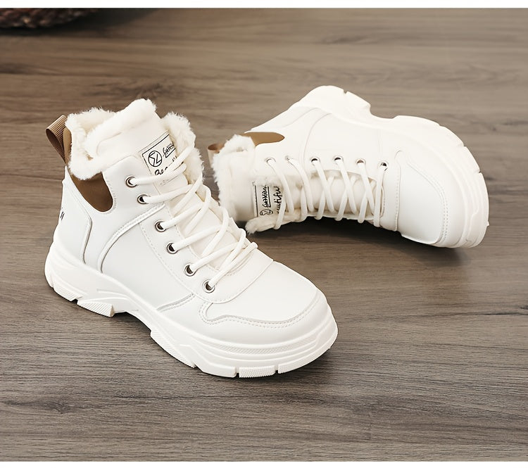 Women's Insulated Winter Boots with Plush Collar & Thick Sole - White Faux Cover Round-Toe Lace-Up Ankle Boots, Cushioned Insole & Arch Support, Warm TPU Outsole for Cold Weather, Casual to Semi-Formal Outfits