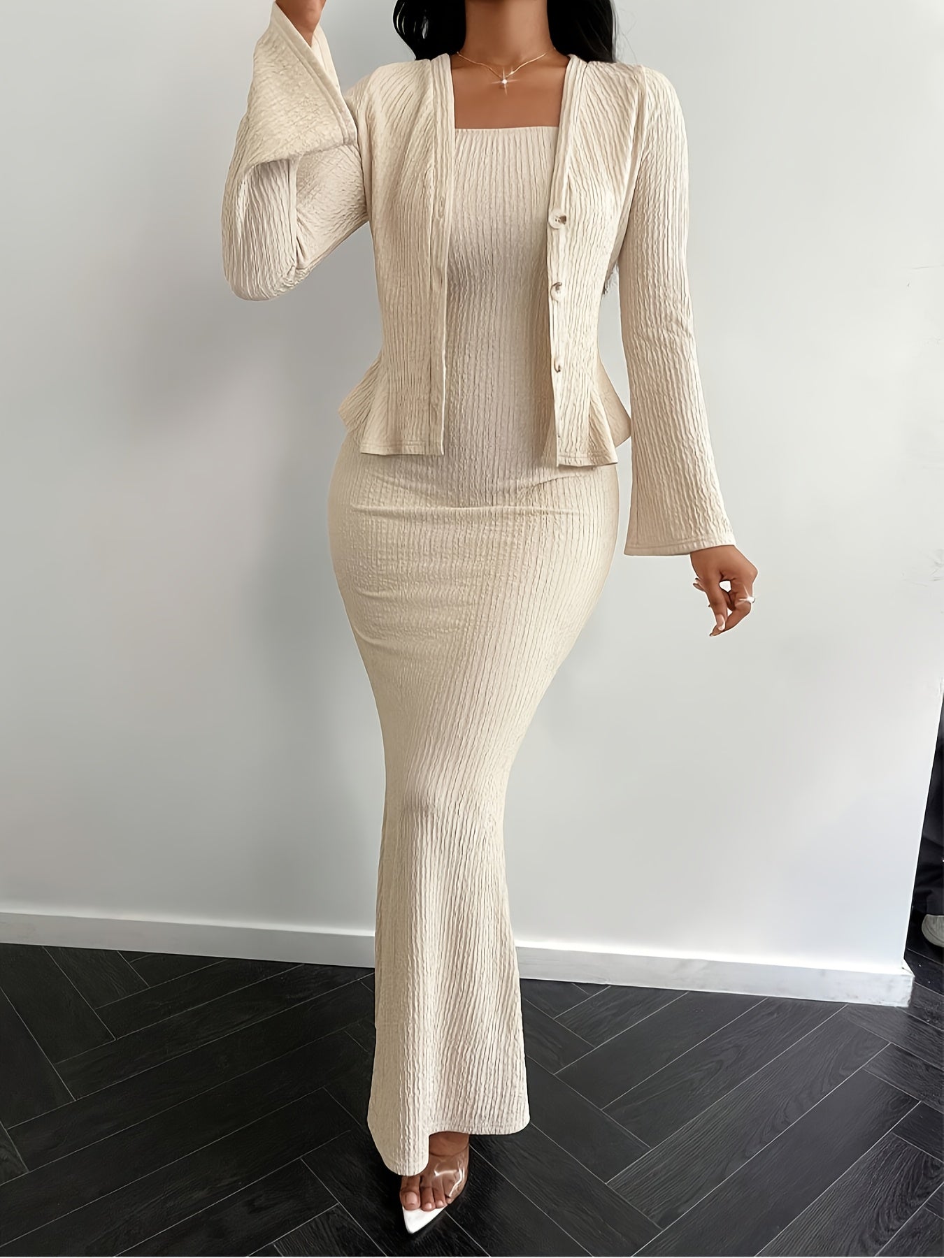 YY0102111 Elegant Solid Color Camisole Dress and Cardigan 2pcs Set, Suitable for Spring Summer Autumn