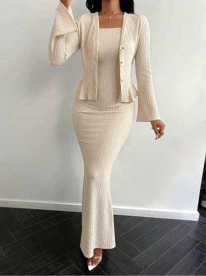 YY0102111 Elegant Solid Color Camisole Dress and Cardigan 2pcs Set, Suitable for Spring Summer Autumn