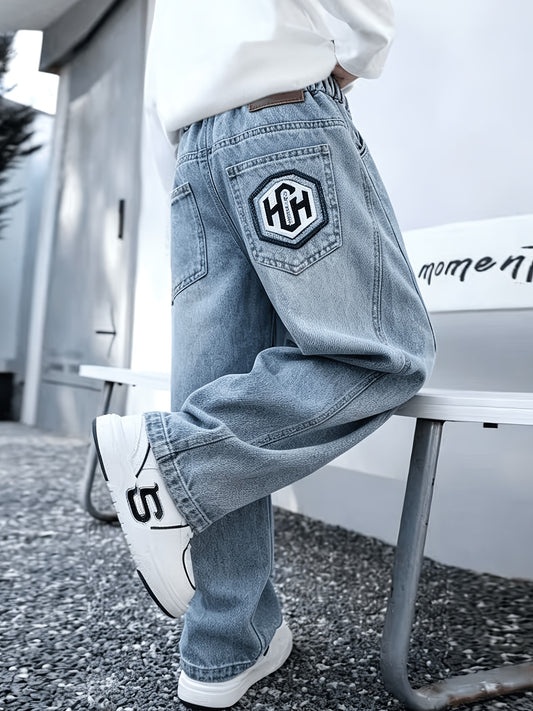 Light Blue Washed Wide-Leg Denim Jeans for Teen Boys