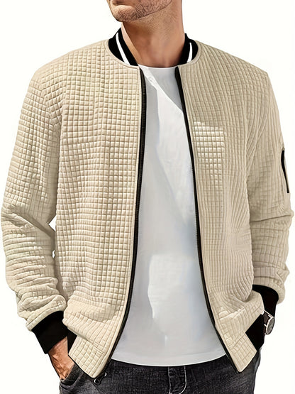 Men's Casual Bomber Jacket with Stand Collar - Polyester and Elastane Blend, Knit Fabric with Slight Stretch, Solid Color, Zipper Detail, Long Sleeve, Regular Fit