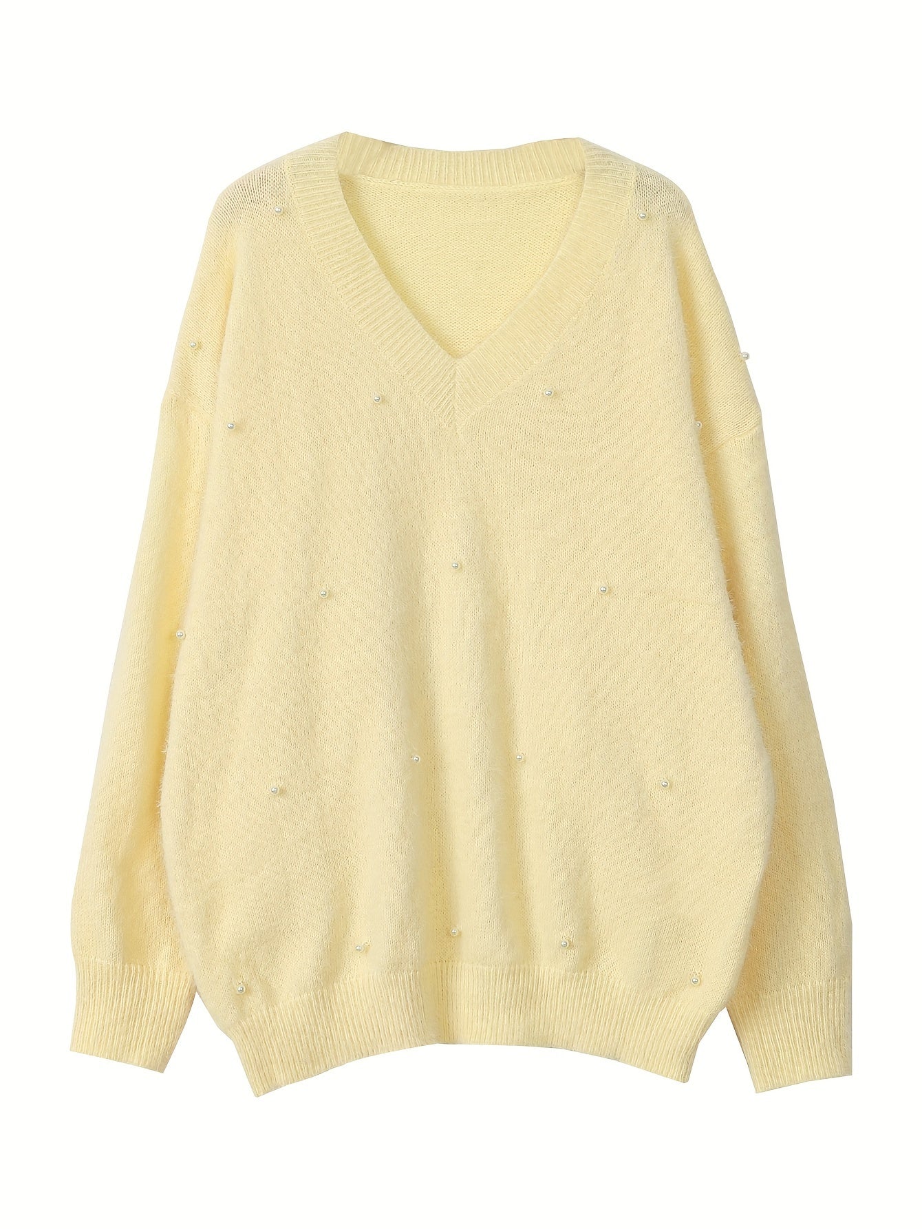 Plus Size - Women'S Cozy Yellow V-Neck Sweater with Pearl Buttons & Fleece-Lined Cuffs - Asymmetrical Hem, Geometric Pattern, Casual Winter Pullover for Casual Attire, Winter Apparel | Vneck Sweater | Pearl Button Details, Sw