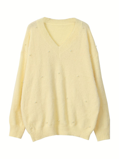Plus Size - Women'S Cozy Yellow V-Neck Sweater with Pearl Buttons & Fleece-Lined Cuffs - Asymmetrical Hem, Geometric Pattern, Casual Winter Pullover for Casual Attire, Winter Apparel | Vneck Sweater | Pearl Button Details, Sw
