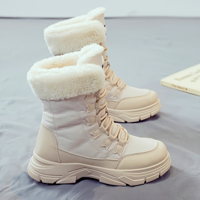 Women'S Winter Boots - Thick Platform Sole for Height & Traction, Lace-Up Mid-Calf Boots with PU Synthetic Cover Upper, Non-Slip PVC Outsole - Beige/White Cold Weather Shoes for Everyday, Formal, Party - Easy-Clean & Durable