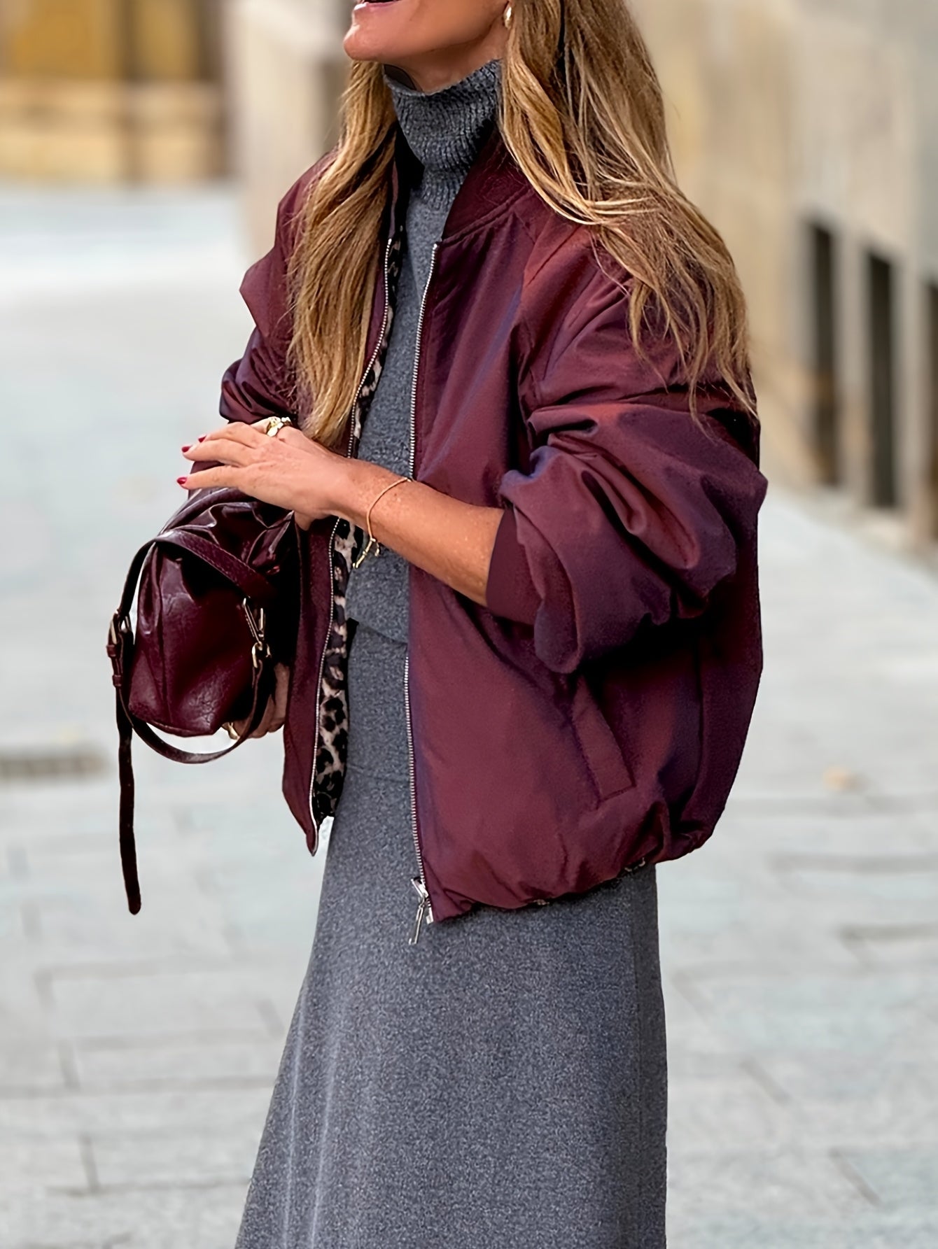 Women'S Double-Sided Reversible Zipper Front Jacket - Leopard Print & Burgundy Casual Coat, Fashionable Thickened Fabric, Durable Outerwear for Trendy Enthusiasts, Leopard Print Jacket, Trendy Outerwear, Doublelayered Design