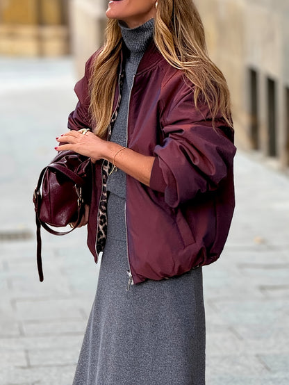 Women'S Double-Sided Reversible Zipper Front Jacket - Leopard Print & Burgundy Casual Coat, Fashionable Thickened Fabric, Durable Outerwear for Trendy Enthusiasts, Leopard Print Jacket, Trendy Outerwear, Doublelayered Design