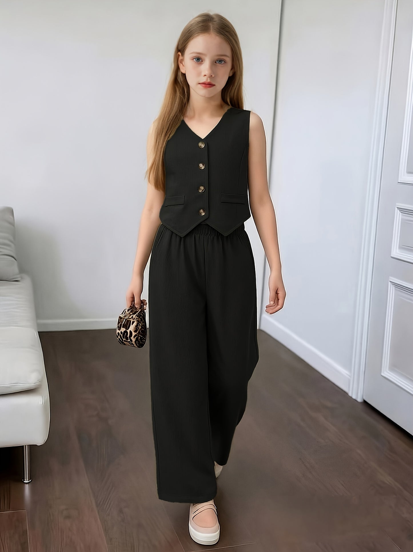 Girls' Army Green Sleeveless Vest & Wide Leg Pants Set