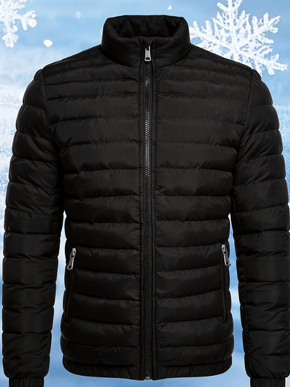 Men's Stand Collar Winter Jacket with Zipper and Fiber Filling