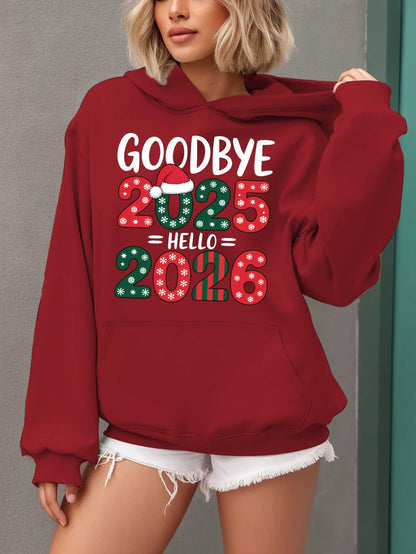Women'S Hoodie - Goodbye 2025 Hello 2026 Sweatshirt with Christmas Countdown Design, Beige Pullover Hoodie, Front Pocket for Fall/Winter, Cozy Long Sleeve Sweater for New Year'S Eve & Everyday Winter Outfits - Perfect Gift fo