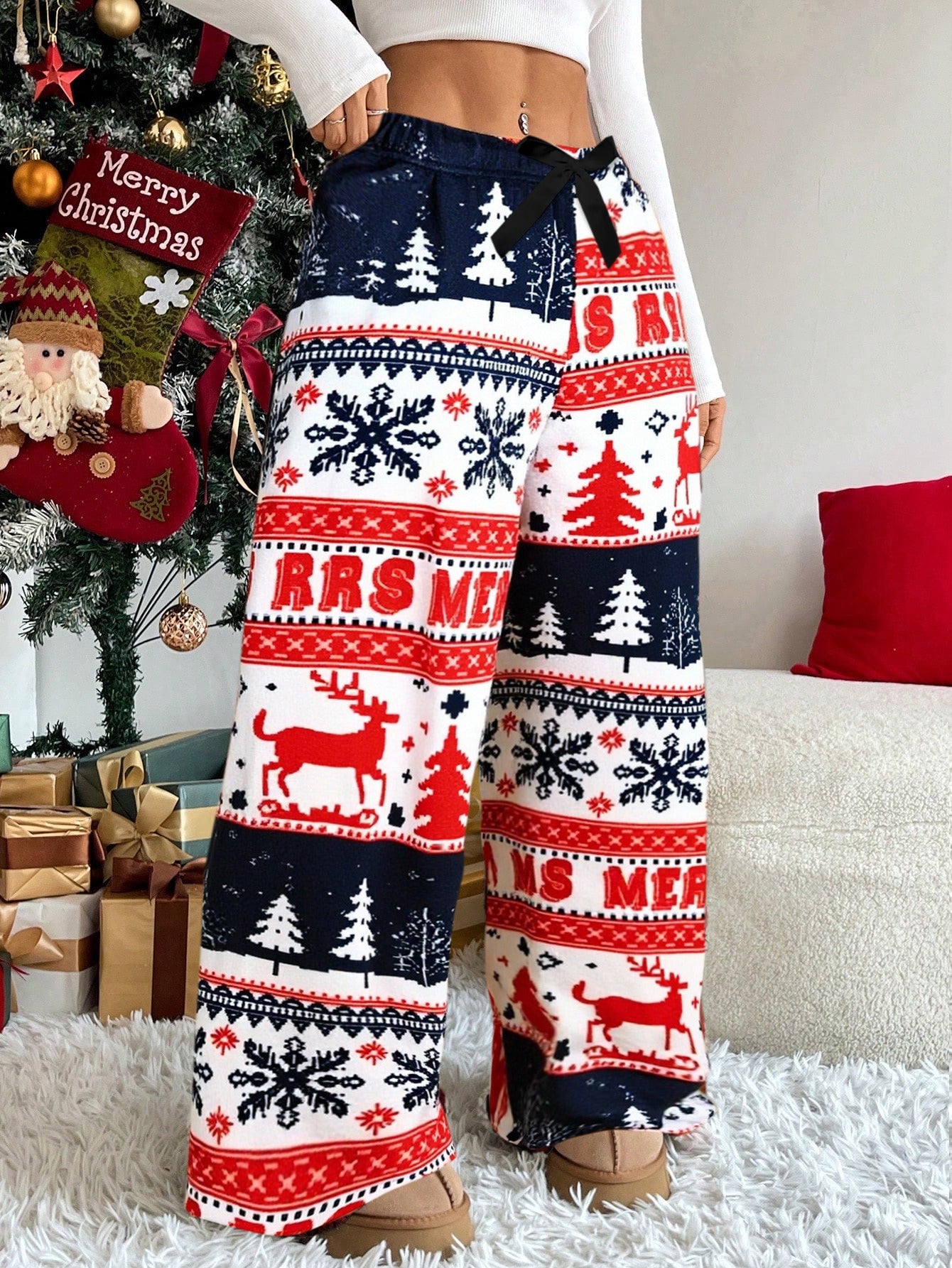 Women'S Winter Warmth Pants - Cozy Fleece-Lined Wide-Leg Trousers with Elastic Waist & Cuffed Hem, Red & Snowflake & Reindeer Print, Bohemian Style For Cold Weather, Winter Pants, Cold Weather Apparel, Soft Fabric Trousers, L