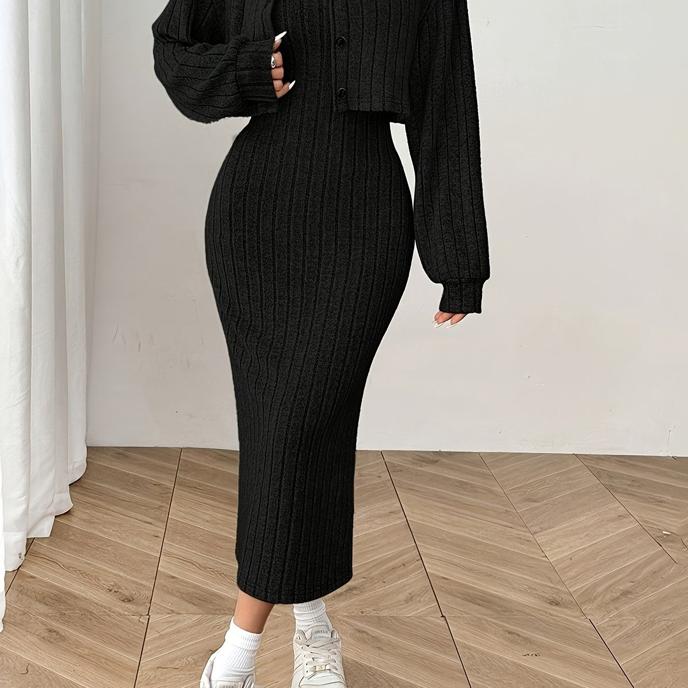 Women'S Autumn And Winter Outfit Featuring a Long-Sleeve Top with a Coat And a Camisole Dress in a Two-Piece Set.