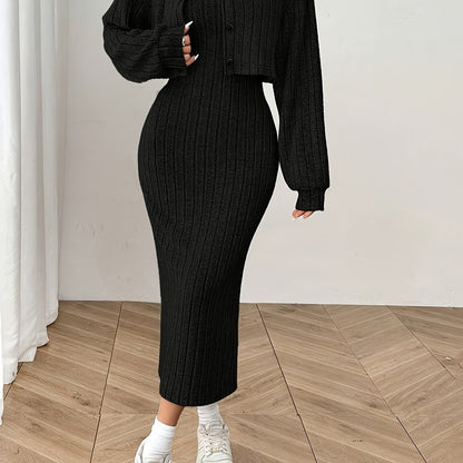 Women'S Autumn And Winter Outfit Featuring a Long-Sleeve Top with a Coat And a Camisole Dress in a Two-Piece Set.