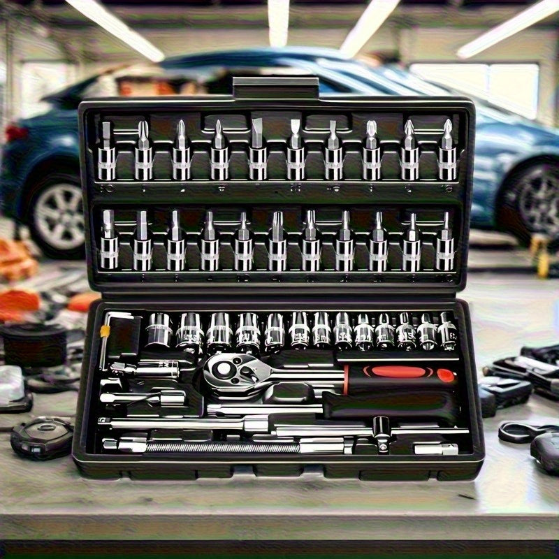 46pcs Heavy-Duty Stainless Steel Tool Set with Precision Ratchet Wrench, Screwdriver Bits & Sockets - All-in-One Mechanic'S Tool Kit with Impact-Resistant, Ergonomic Handle & Storage For Auto, Home
