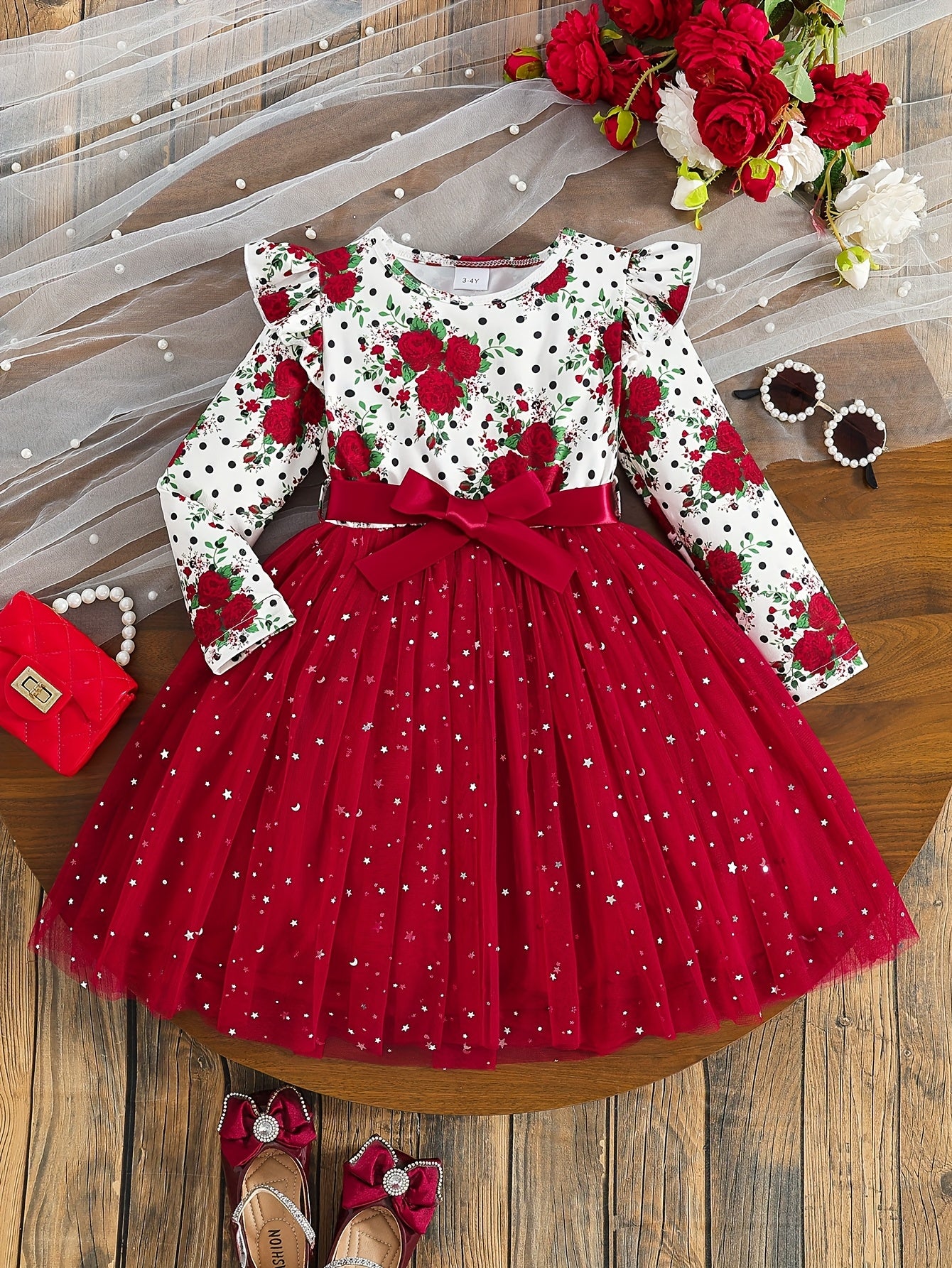 COVIVIKY Girls' Elegant Long Sleeve Party Dress with Puff Skirt & Sheer Panel - Knee-Length A-Line Wedding Prom Dress, Belted Waist Bow & Netting Trim, Hand Washable Winter Formal Gown for Girls (Age 4-12)