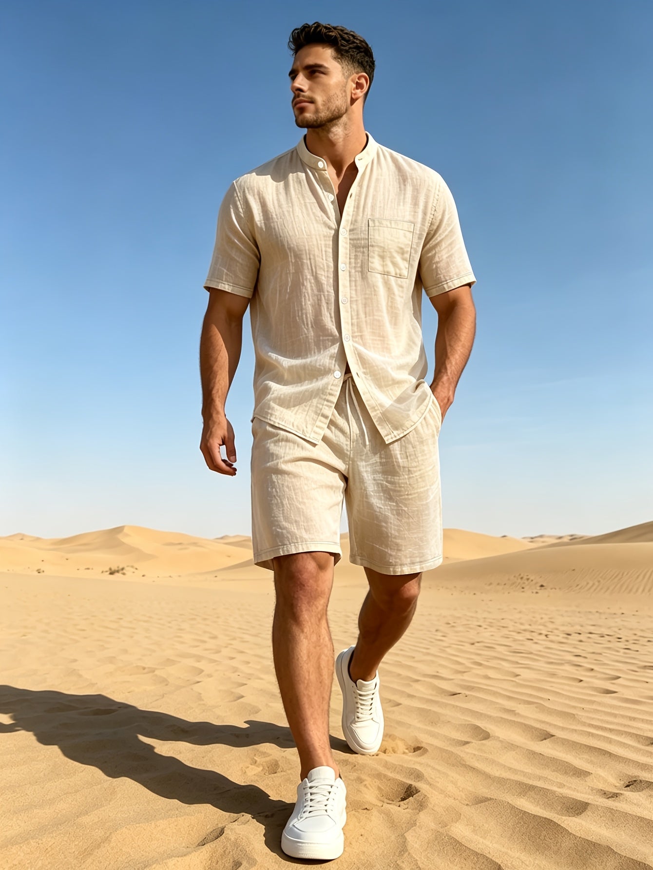 Men's Linen Short Sleeve Shirt & Solid Shorts Set for Summer