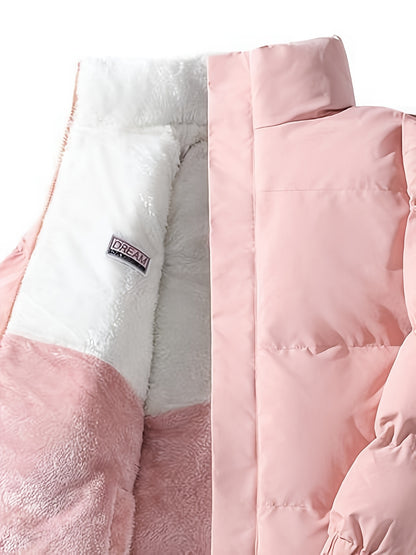 Men'S Double-Sided Fleece-Lined Thickened Jacket - Casual Stand Collar with Letter Print, Regular Fit, Pockets, Polyester Fill, Versatile for Fall/Winter, Winter Jacket