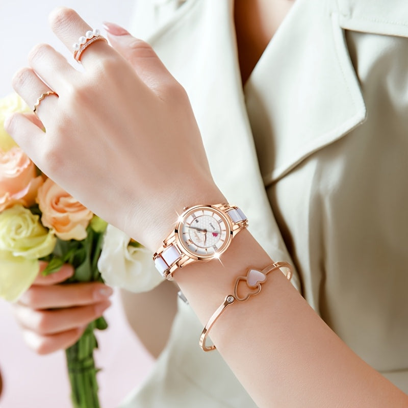 Elegant Women's Quartz Watch with Cupid Arrow & Ceramic Strap
