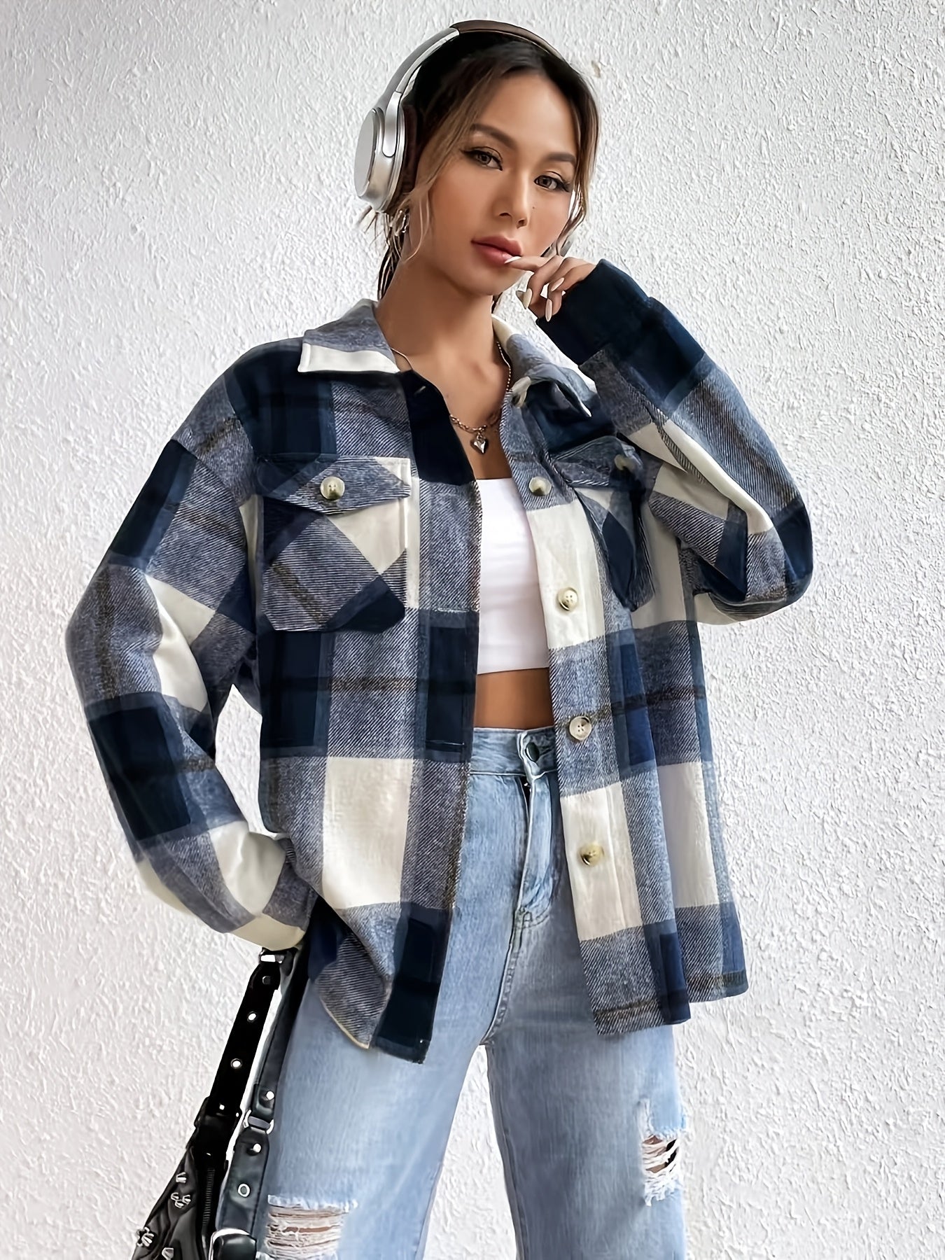 Elegant Women's Plaid Off-Shoulder Lapel Shirt with Pockets