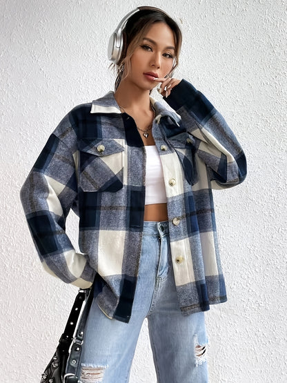 Elegant Women's Plaid Off-Shoulder Lapel Shirt with Pockets