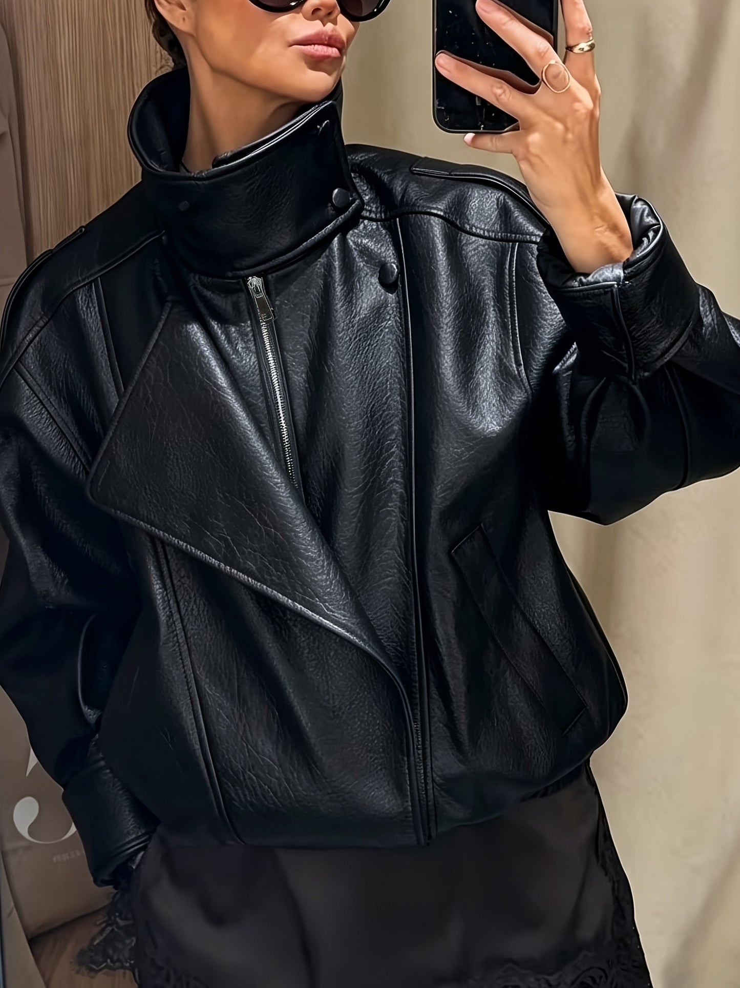Oversized Vintage Faux Leather Biker Jacket with Buckle Collar