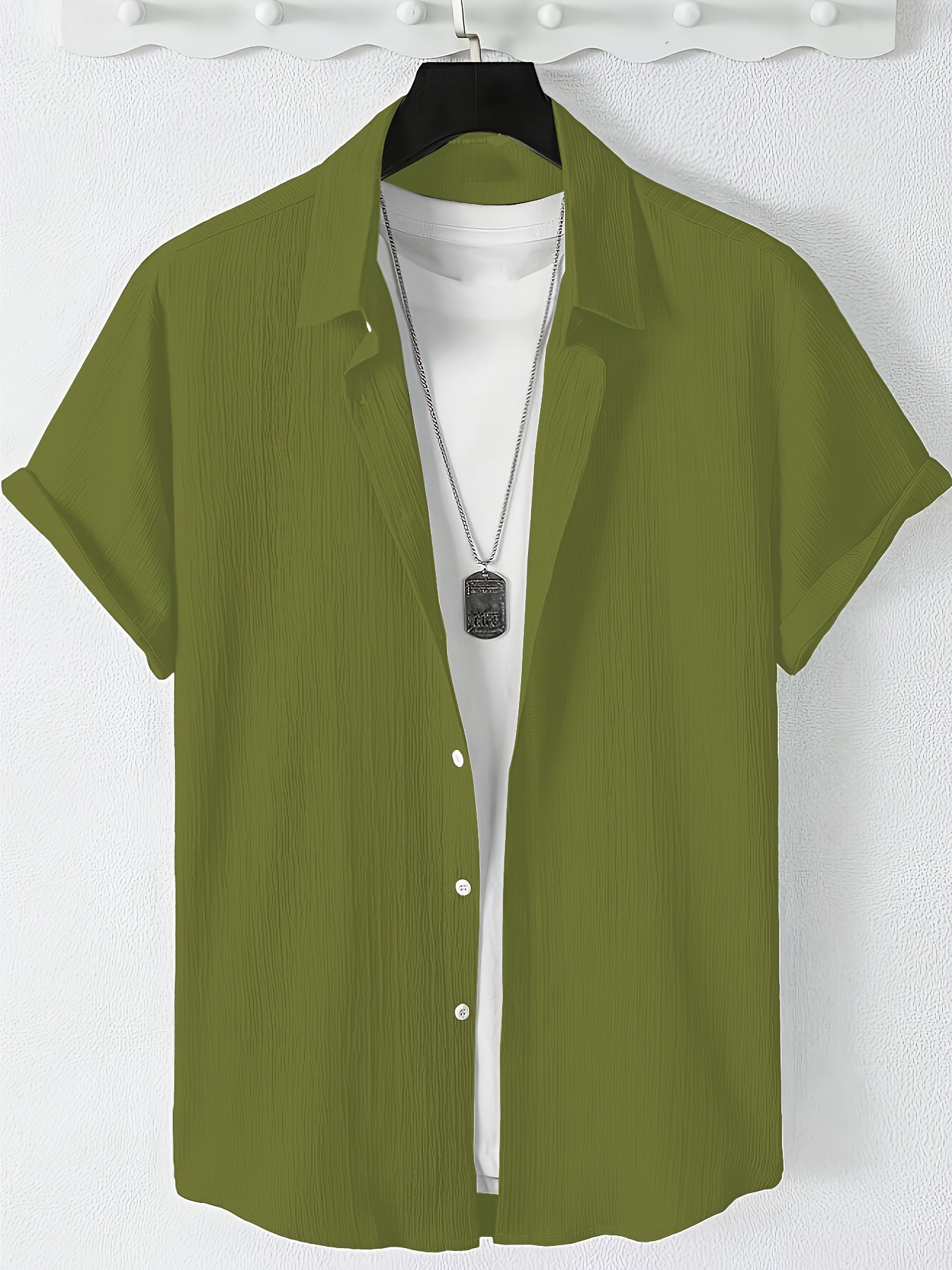 Men's Casual Button-Front Shirt with Lapel Collar, Lightweight Polyest