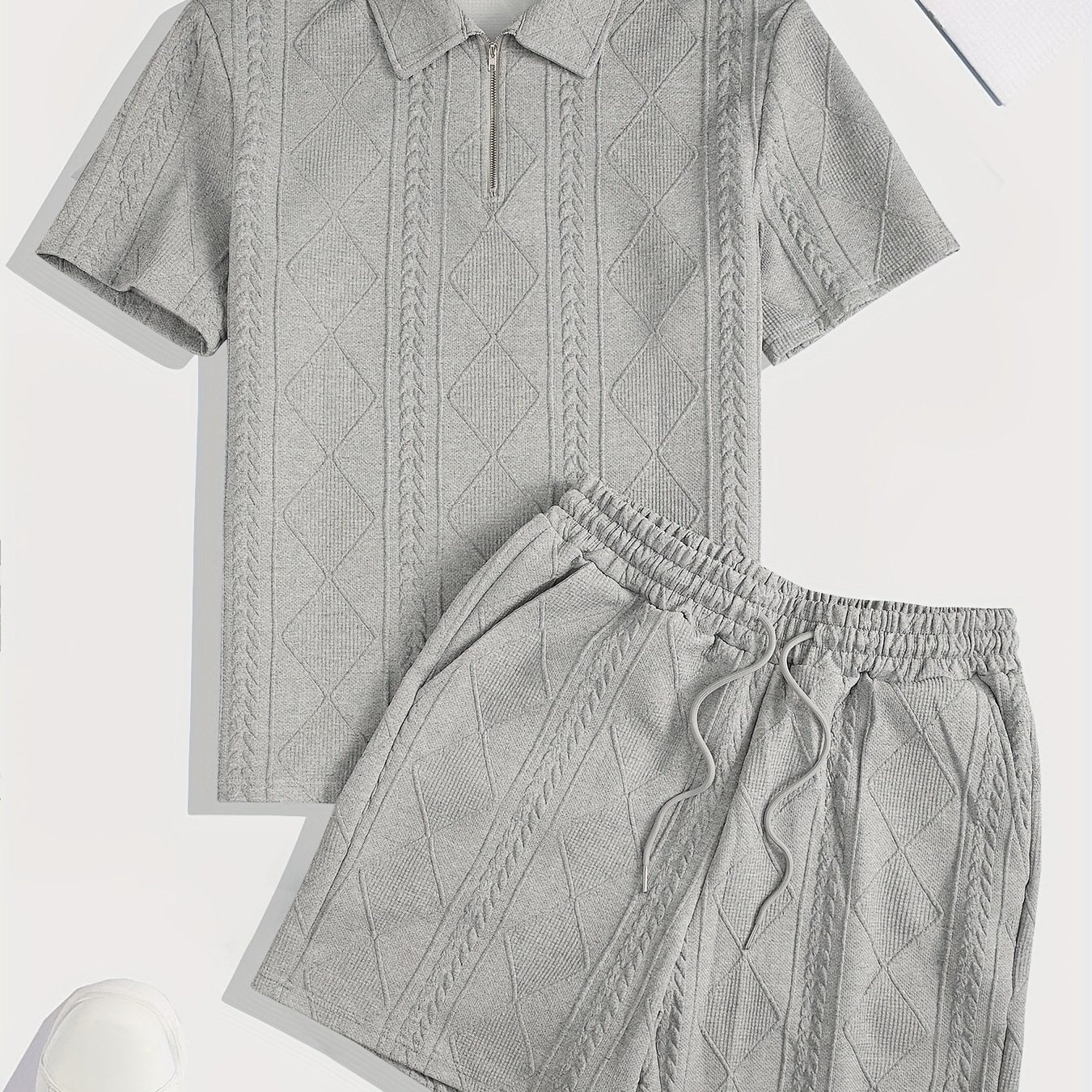 Men's Suit Short Sleeve Shorts Jacquard Casual Zipper Fashion Summer Outerwear Two Piece Set