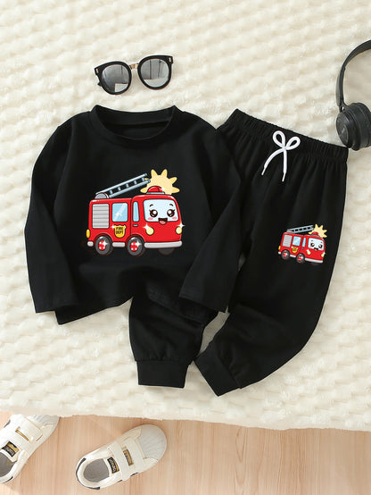 Boys' Fire Truck Print Cotton Casual Pants & Tee Set for Spring/Fall