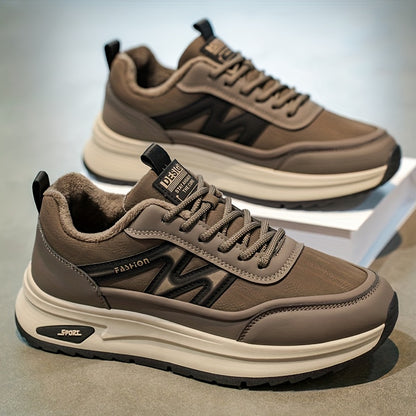 Men's Winter Thermal Low-Top Sneakers with Warm - All-Black Round Toe Lace-Up Shoes Suitable for, Outdoor, Daily Wear - Rubber Sole & Upper