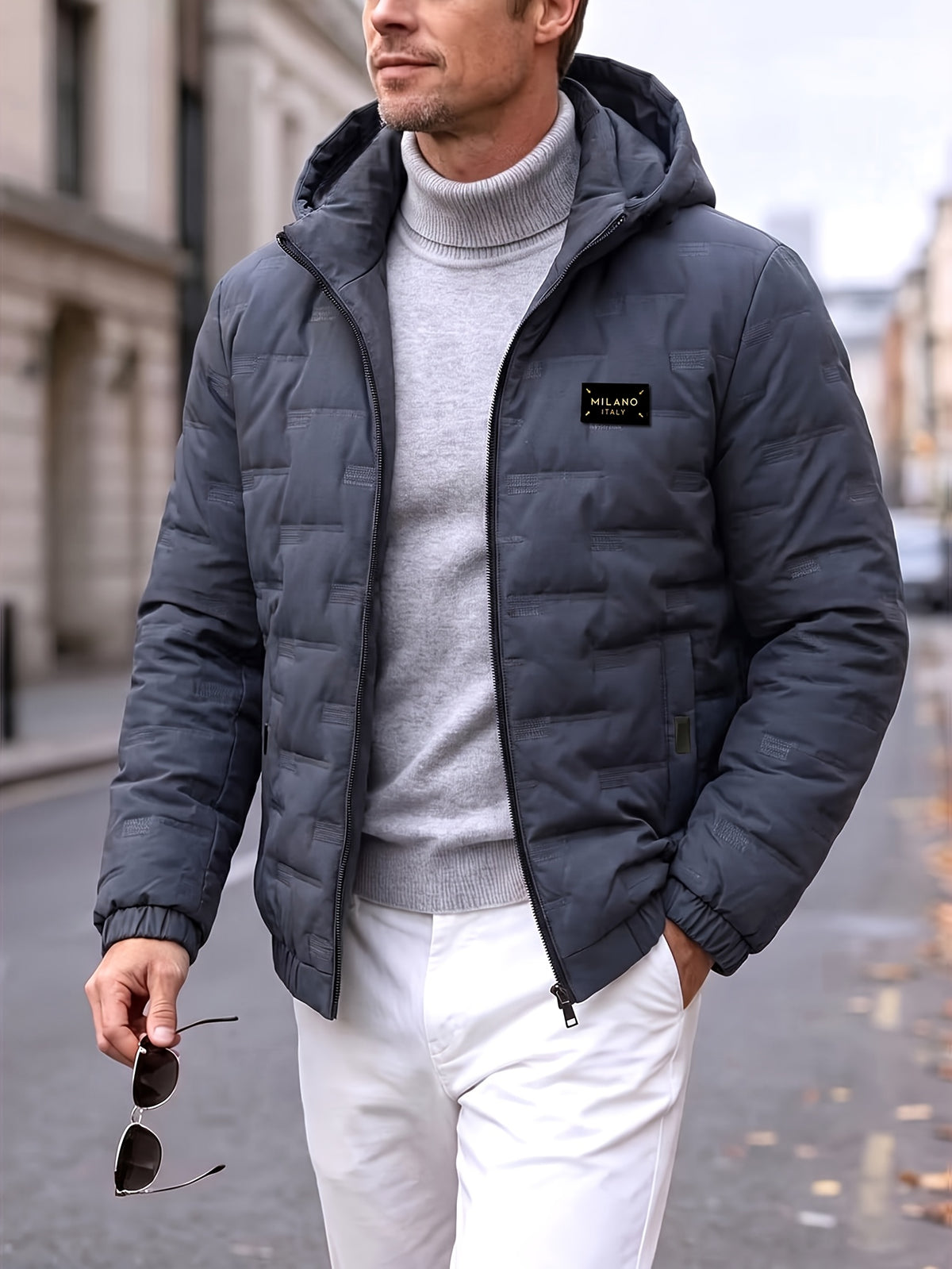 Men's Hooded Padded Jacket with Letter Print for Fall Winter