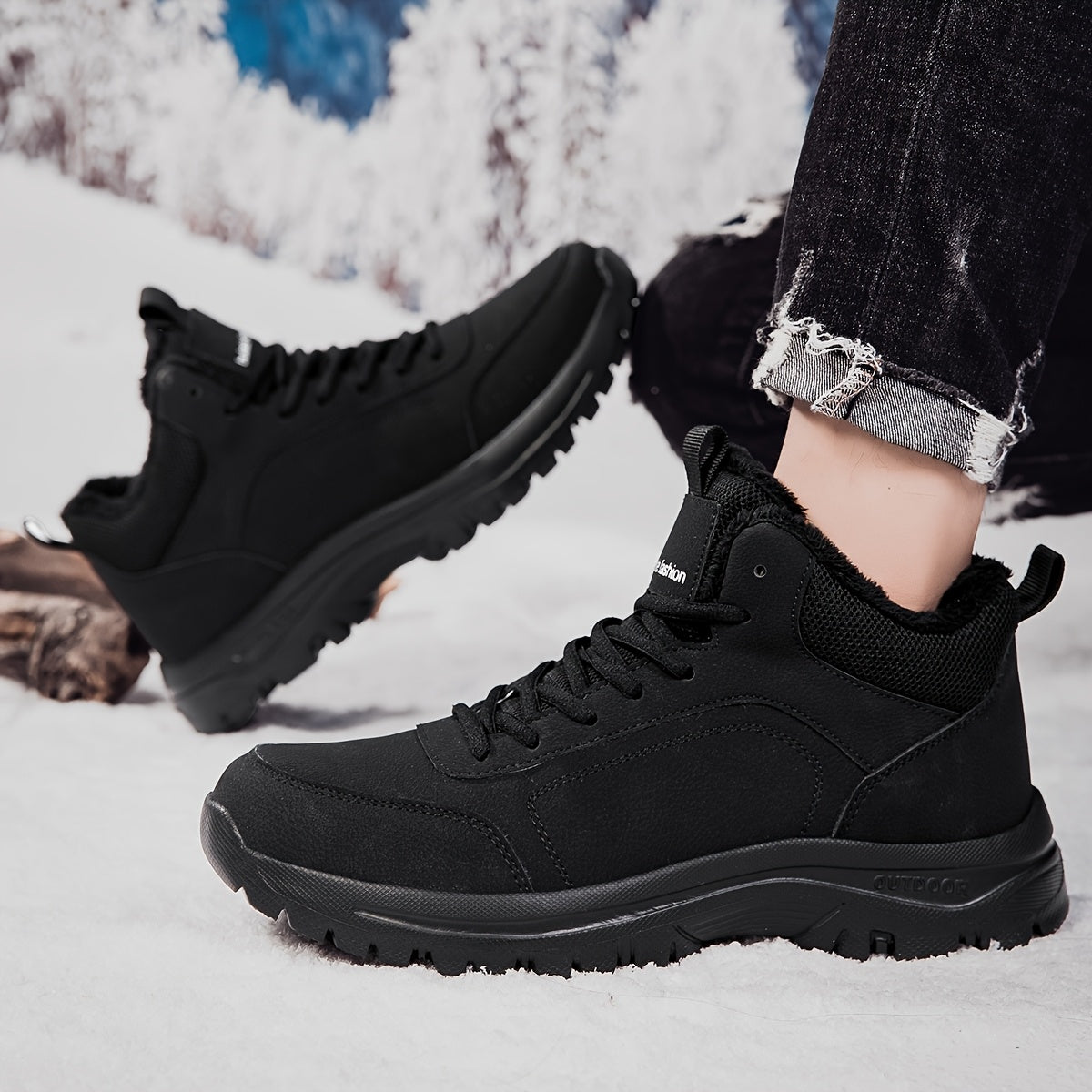 Men'S Mid-Top Winter Snow Boots - Lightweight, Non-Slip, Warm Plush Lining, Durable MD Sole, Black Workwear & Street Style for Outdoor Sports, Hiking, and Daily Leisure, Winter Boots, Hiking Footwear, Sleek Boot Design, Flexi