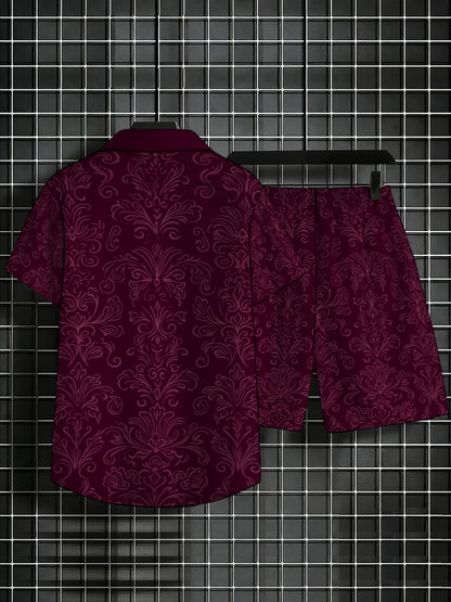 Men's Burgundy Swirl Print Short Sleeve Shirt & Shorts Set
