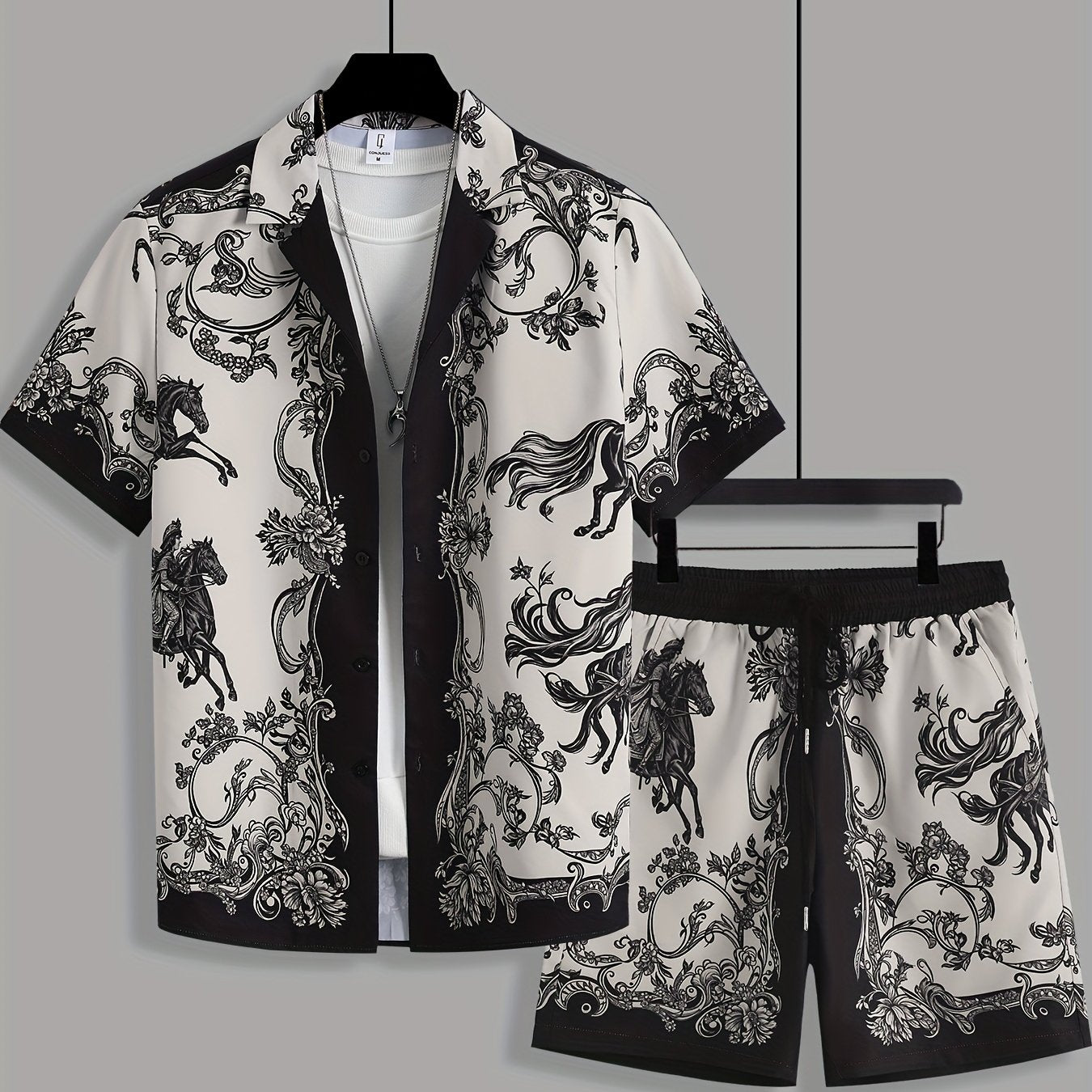 Men's Summer Suit Set: Short Sleeve Knight Print Positioning Burned Shirt with Open Collar, Drawstring Casual Shorts Pajama Two-Piece Set