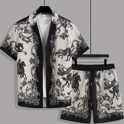 Men's Summer Suit Set: Short Sleeve Knight Print Positioning Burned Shirt with Open Collar, Drawstring Casual Shorts Pajama Two-Piece Set