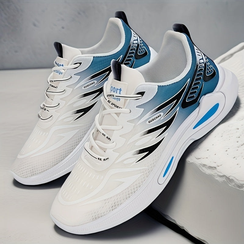 Men's Breathable Athletic Sneakers - Stylish Color Block Design with Blue Accents, Lightweight Running Shoes for Outdoor Activities and Casual Wear, Rubber Sole Footwear, Fabric Upper