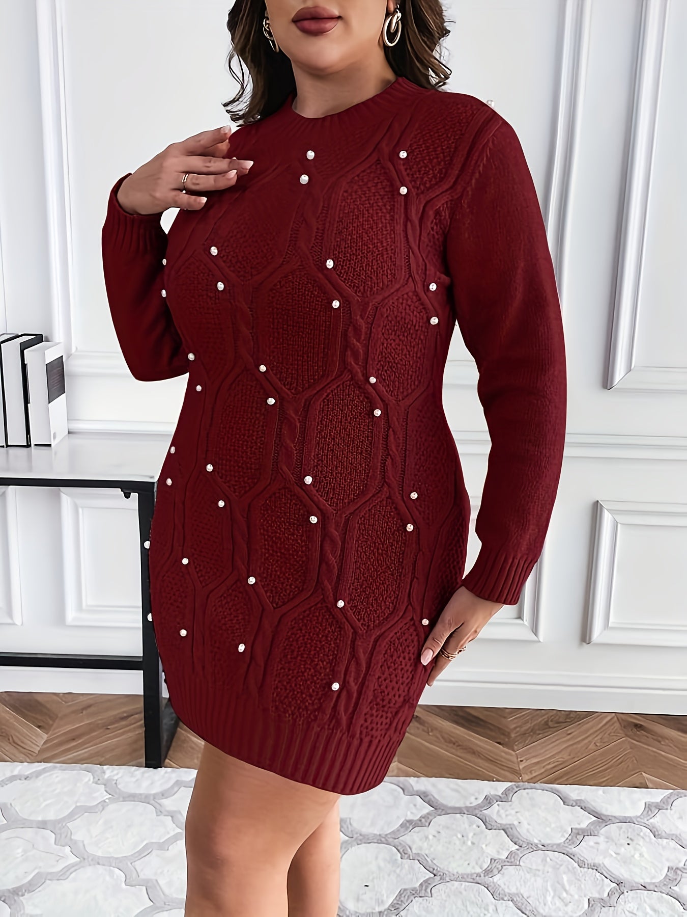 Plus Size, Plus Size Burgundy Pearl-Adorned Oversized Sweater Dress - Winter Warm Long Sleeve Round Neck A-Line, Christmas Party Wedding Guest Dress, Machine Washable Cozy -Like Tunic