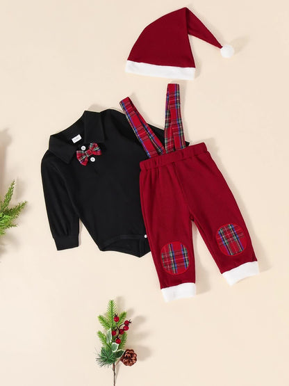 Boys' Turtleneck Long Sleeve Hoodie + Waffle Knit Spliced Suspender Pants + Hat 3pcs Set, Perfect for Outdoor