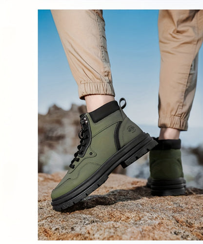 Men's Trendy Solid Ankle Boots, Comfy Non Slip Lace Up Durable Shoes for Men's Outdoor Activities
