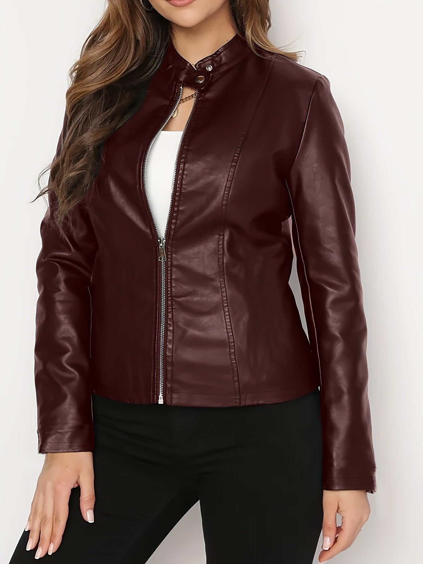 Women's Elegant PUPU Leather Jacket - Full-Zip Long Sleeve Motorcycle Coat with Stand Collar, -Tone Hardware & Smooth Leather Texture, Spring/Fall Outerwear for Casual & Formal Outfits (//Tan) - Non-Stretch Durable Leather, Z