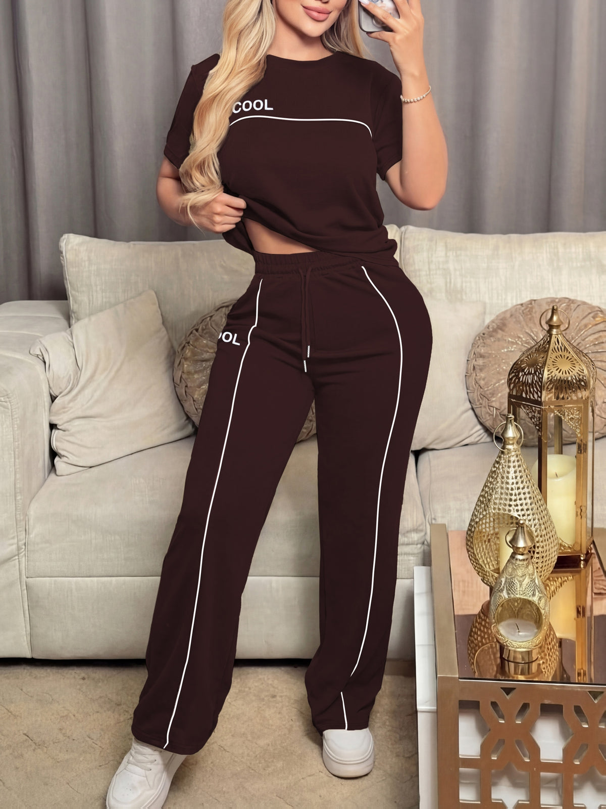 Women's Casual Letter Print Short Sleeve Top & Pants Set