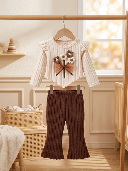Girls' Autumn Casual 3D Floral Bow Puff Sleeve Knit Set