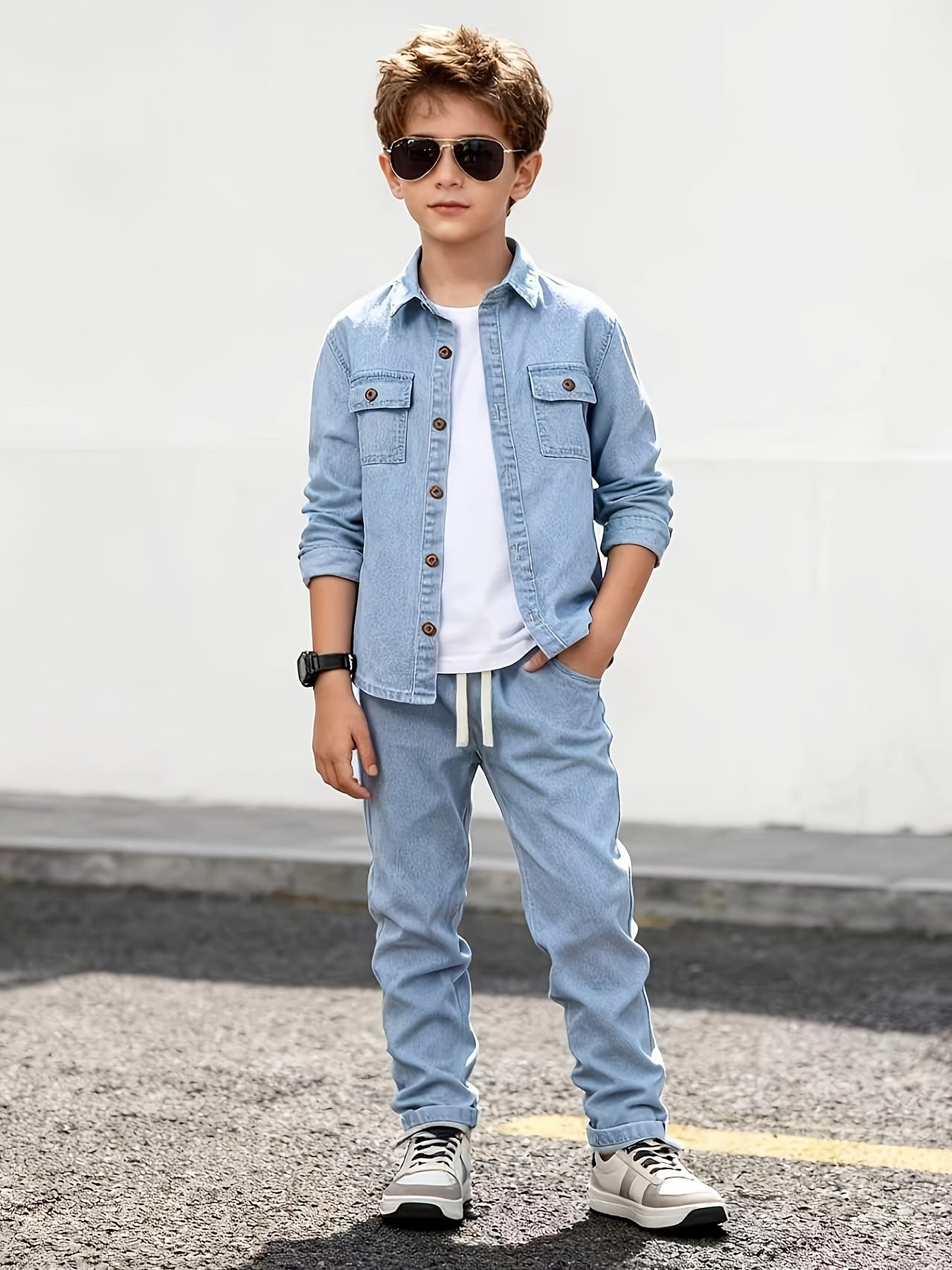 Light Blue Casual Trousers Set for Teen Boys with Elastic Waistband